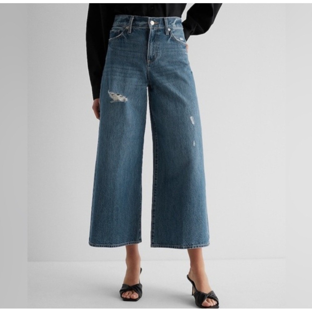 Express Wide Leg Ankle High Rise Crop Jeans Ripped Distressed Medium Wash 28 6